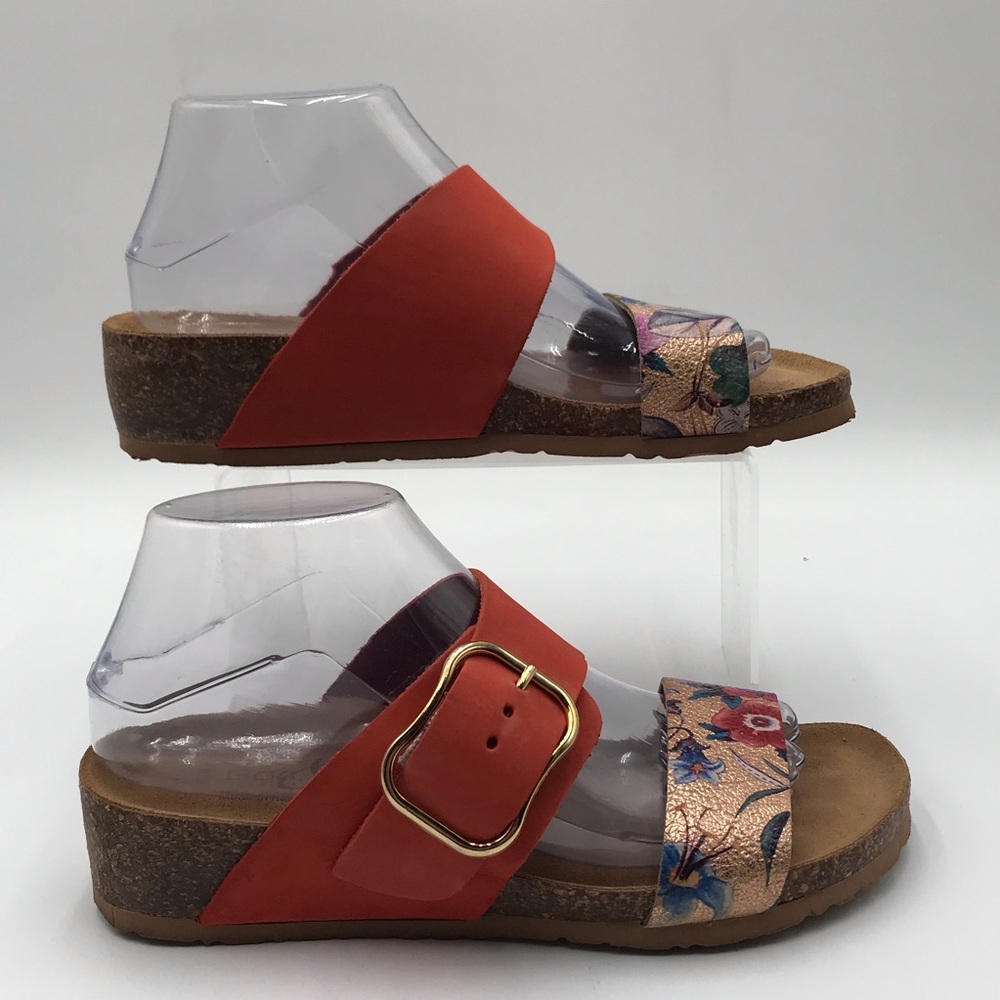 Bos. & Co. Red-Orange Floral Two-Band Cork Wedge Sandals